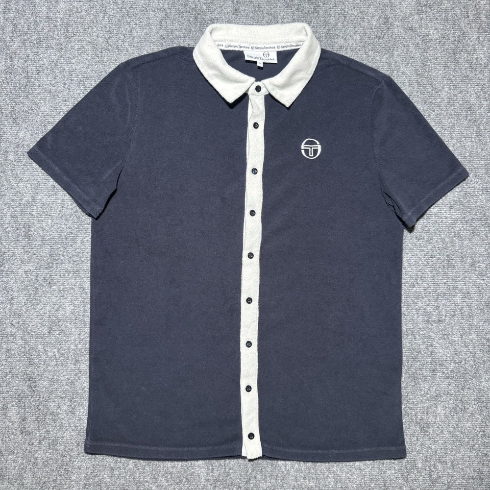 Sergio Tacchini Terry Cloth Button Up Shirt Men Medium Navy White Accent Logo